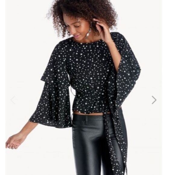 J.O.A Tie Waist tiered Star Print black blouse top size XS - Picture 1 of 7